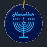 Hanukkiah Happy Hanukkah Jewish Holiday Menorah Ceramic Tree Decoration<br><div class="desc">Hanukkiah Symbol. Happy Hanukkah Party Jewish Holiday Blue Menorah. Jewish Holiday Chanukkah Decoration with traditional Chanuka decorative symbol - Navy Blue colour hanukkiah menorah, candlestick with candles, star of David and neon blue glowing lights illustration. Hanukkah Festival of lights Event Decoration. Jerusalem, Israel. Home > Home Décor > Christmas Décor...</div>