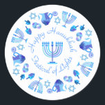 Hanukkiah Happy Hanukkah Jewish Holiday Menorah Classic Round Sticker<br><div class="desc">Hanukkiah Symbol. Happy Hanukkah Party Jewish Holiday Blue Menorah. Jewish Holiday Chanukkah Decoration with traditional Chanuka decorative symbol - Navy Blue colour hanukkiah menorah, candlestick with candles, star of David and neon blue glowing lights illustration. Hanukkah Festival of lights Event Decoration. Jerusalem, Israel. Crafts & Party Supplies > Gift Wrapping...</div>