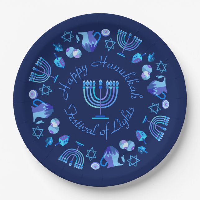 Hanukkiah Happy Hanukkah Jewish Holiday Menorah Paper Plate (Front)