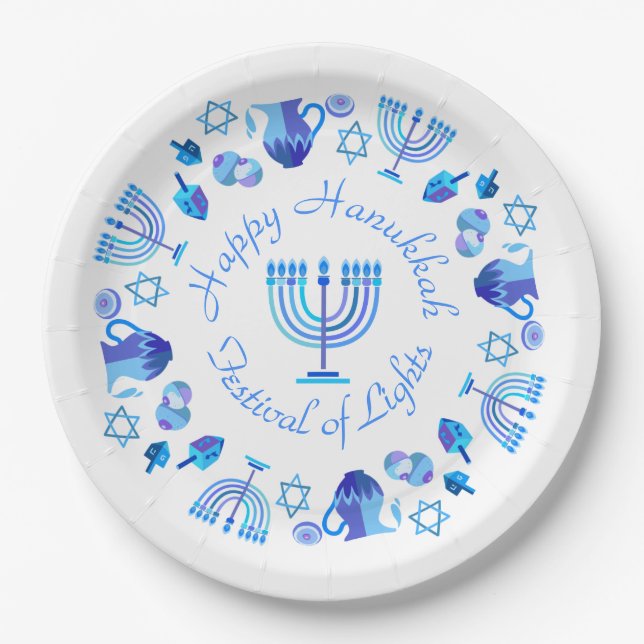 Hanukkiah Happy Hanukkah Jewish Holiday Menorah Paper Plate (Front)