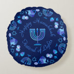 Hanukkiah Happy Hanukkah Jewish Holiday Menorah Round Cushion<br><div class="desc">Hanukkiah Symbol. Happy Hanukkah Party Jewish Holiday Blue Menorah. Jewish Holiday Chanukkah Decoration with traditional Chanuka decorative symbol - Navy Blue colour hanukkiah menorah, candlestick with candles, star of David and neon blue glowing lights illustration. Hanukkah Festival of lights Event Decoration. Jerusalem, Israel. Home > Home Décor > Pillows &...</div>