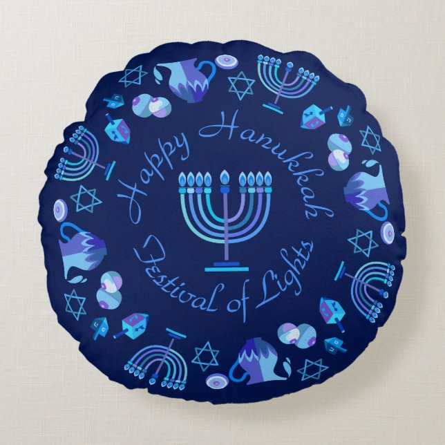 Hanukkiah Happy Hanukkah Jewish Holiday Menorah Round Cushion (Front)