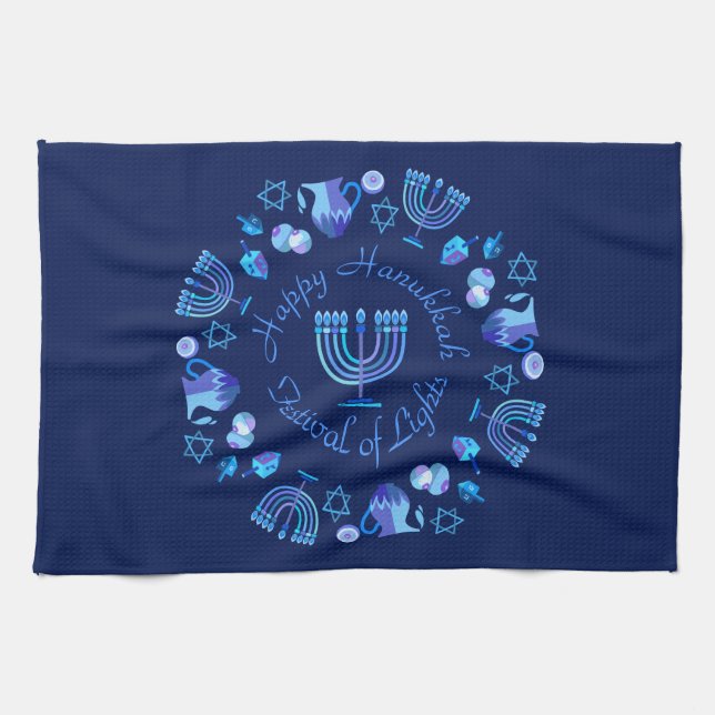Hanukkiah Happy Hanukkah Jewish Holiday Menorah Tea Towel (Horizontal)