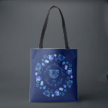 Hanukkiah Happy Hanukkah Jewish Holiday Menorah Tote Bag<br><div class="desc">Hanukkiah Symbol. Happy Hanukkah Party Jewish Holiday Blue Menorah. Jewish Holiday Chanukkah Decoration with traditional Chanuka decorative symbol - Navy Blue colour hanukkiah menorah, candlestick with candles, star of David and neon blue glowing lights illustration. Hanukkah Festival of lights Event Decoration. Jerusalem, Israel. Accessories > Bags & Wallets > Totes...</div>