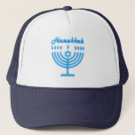 Hanukkiah Happy Hanukkah Jewish Holiday Menorah Trucker Hat<br><div class="desc">Hanukkiah Symbol. Happy Hanukkah Party Jewish Holiday Blue Menorah. Jewish Holiday Chanukkah Decoration with traditional Chanuka decorative symbol - Navy Blue colour hanukkiah menorah, candlestick with candles, star of David and neon blue glowing lights illustration. Hanukkah Festival of lights Event Decoration. Jerusalem, Israel. Accessories > Hats & Hair Accessories >...</div>