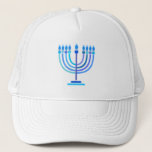 Hanukkiah Happy Hanukkah Jewish Holiday Menorah Trucker Hat<br><div class="desc">Hanukkiah Symbol. Happy Hanukkah Party Jewish Holiday Blue Menorah. Jewish Holiday Chanukkah Decoration with traditional Chanuka decorative symbol - Navy Blue colour hanukkiah menorah, candlestick with candles, star of David and neon blue glowing lights illustration. Hanukkah Festival of lights Event Decoration. Jerusalem, Israel. Accessories > Hats & Hair Accessories >...</div>