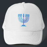 Hanukkiah Happy Hanukkah Jewish Holiday Menorah Trucker Hat<br><div class="desc">Hanukkiah Symbol. Happy Hanukkah Party Jewish Holiday Blue Menorah. Jewish Holiday Chanukkah Decoration with traditional Chanuka decorative symbol - Navy Blue colour hanukkiah menorah, candlestick with candles, star of David and neon blue glowing lights illustration. Hanukkah Festival of lights Event Decoration. Jerusalem, Israel. Accessories > Hats & Hair Accessories >...</div>