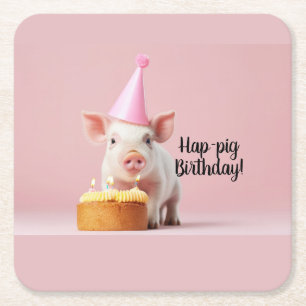 Hap-pig Birthday! Square Paper Coaster