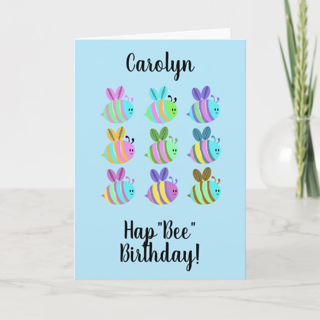 HapBee Birthday, cute coloured bee personalised  Card (Front)