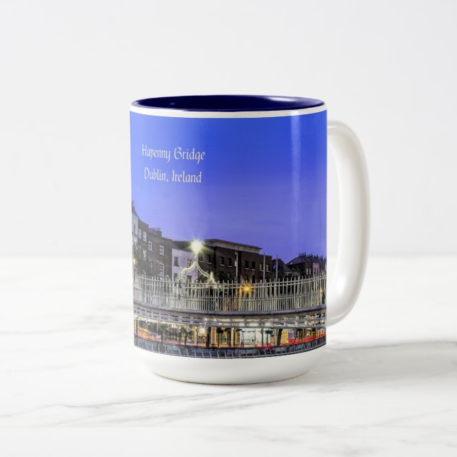 Ha'penny Bridge, Dublin, Ireland scenic photograph Two-Tone Coffee Mug (Front Right)
