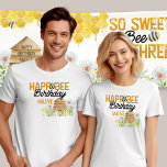 Happ-Bee Birthday Bee Pun Bumblebee and Beehive T-Shirt<br><div class="desc">Birthday t-shirts with personalised bee pun. Wording reads "happ-bee birthday [name]" and is decorated with bumblebee, beehive and wildflowers. Perfect for parents to wear at their little one's bee themed birthday party! For co-ordinating invitations and party decor, please browse my So Sweet to Bee Three Bee Birthday collection or message...</div>