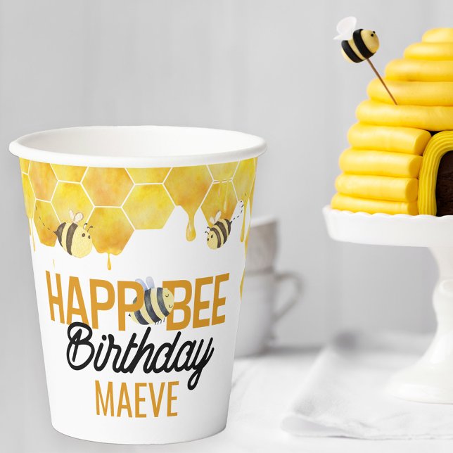 Happ-Bee Birthday Bee Theme Kids Party Paper Cups (Bee birthday party paper cups with personalized Happ-bee Birthday bee pun)
