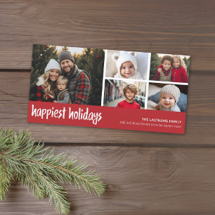 Happiest - 5 Photo Collage Red white Pattern Holiday Card
