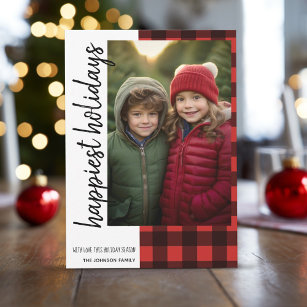 Happiest Christmas 1 Photo Red Black Buffalo Plaid Holiday Card