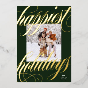 happiest christmas calligraphy green frame gold foil holiday card