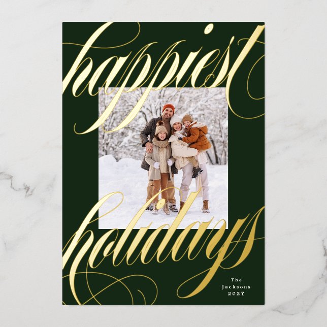 happiest christmas calligraphy green frame gold foil holiday card (Front)