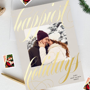 happiest christmas calligraphy one photo beige foil holiday card