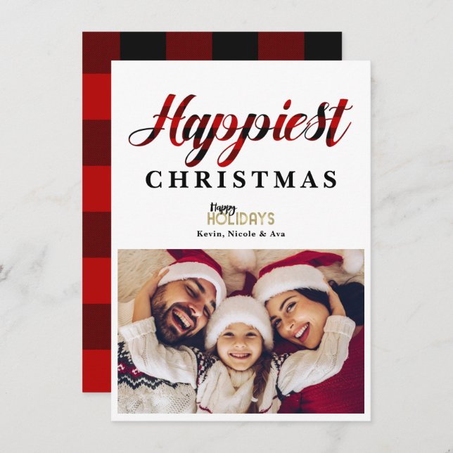 HAPPIEST Christmas Red Plaid Holiday Photo Card (Front/Back)