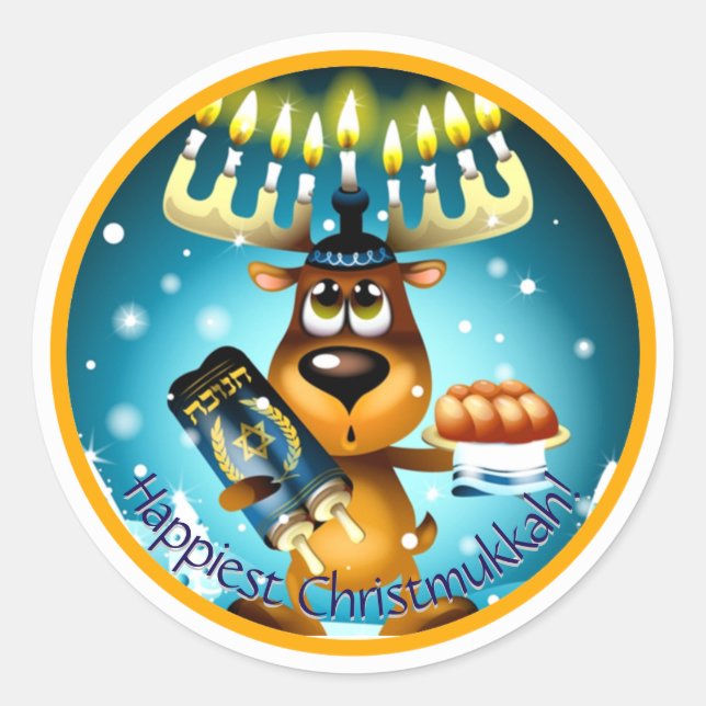 Happiest Christmukkah Hanukkah Christmas Reindeer Classic Round Sticker (Front)