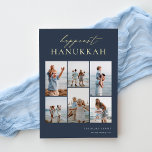 Happiest Hanukkah Elegant 6 Photo Collage Foil Holiday Card<br><div class="desc">Share cheer with these modern Hanukkah holiday cards featuring 6 of your favourite photos in a grid collage layout. "Happiest Hanukkah" appears at the top in gold foil hand lettered calligraphy and classic serif lettering on a navy blue background. Personalise with your family name and the year at the lower...</div>