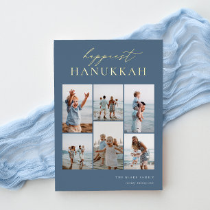 Happiest Hanukkah Elegant 6 Photo Collage Foil Holiday Card
