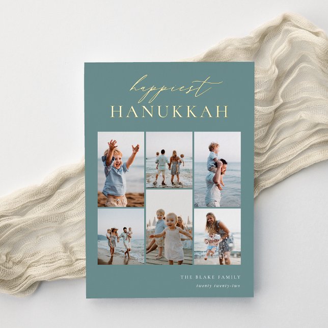Happiest Hanukkah Elegant 6 Photo Collage Foil Holiday Card (Creator Uploaded)