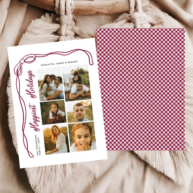 Happiest Holidays Bow Family 6 Photos Plaid Holiday Card (Creator Uploaded)
