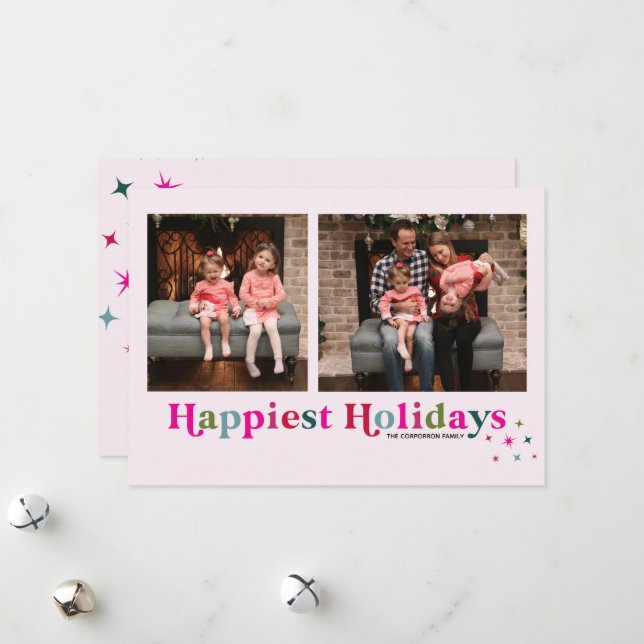 Happiest Holidays Bright and Colourful 3 photo Holiday Card (Front/Back In Situ)