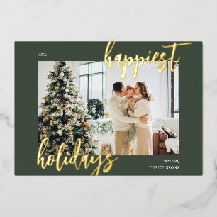 Happiest Holidays Brush Script Photo Green Foil Holiday Card