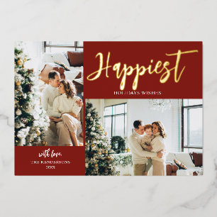 Happiest Holidays Brush Script Photo Red Foil Holiday Card