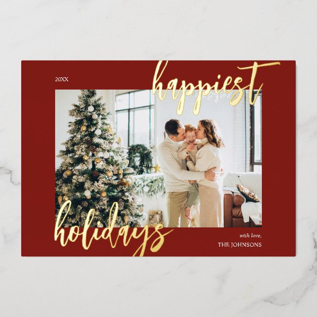 Happiest Holidays Brush Script Photo Red Foil Holiday Card (Front)