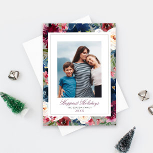 Happiest Holidays Burgundy and Navy Floral Photo Holiday Card