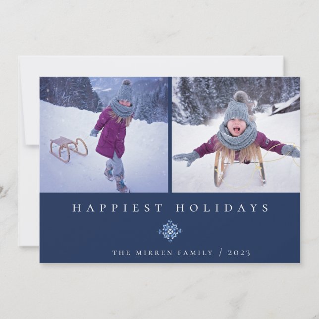 Happiest Holidays Dutch Blue Floral 2 Photo Holiday Card (Front)