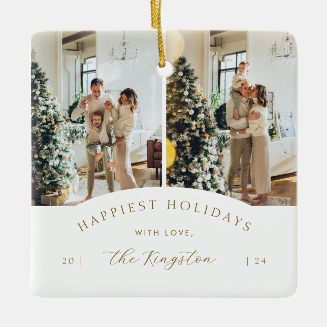 Happiest Holidays | Elegant Gold 2 Photo Collage Ceramic Ornament (Front)