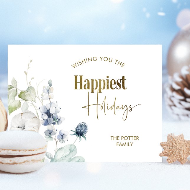 Happiest Holidays, Elegant Modern Winter Greenery Holiday Card (Creator Uploaded)