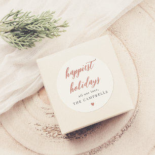 Happiest Holidays Family Name & Boho Heart Classic Round Sticker