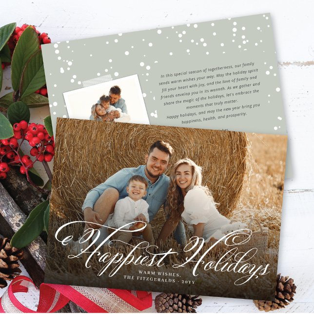 Happiest Holidays Fancy White Script Classic Photo Holiday Card (Creator Uploaded)