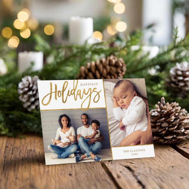 Happiest Holidays Faux Gold Foil 2 Photo Holiday Card (Creator Uploaded)