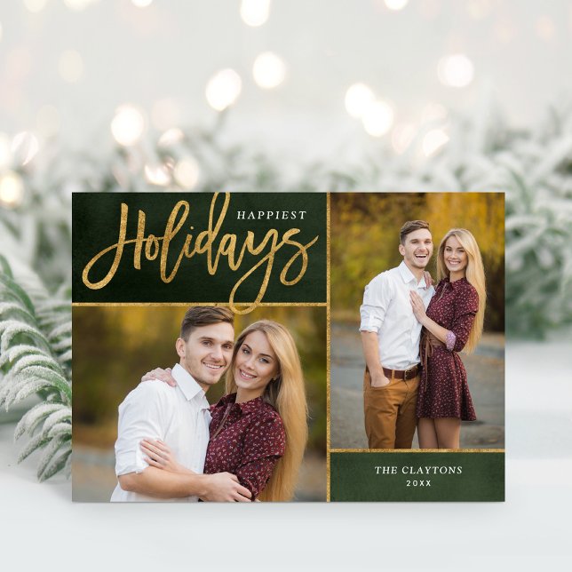 Happiest Holidays Faux Gold Foil 2 Photo Holiday Card (Creator Uploaded)