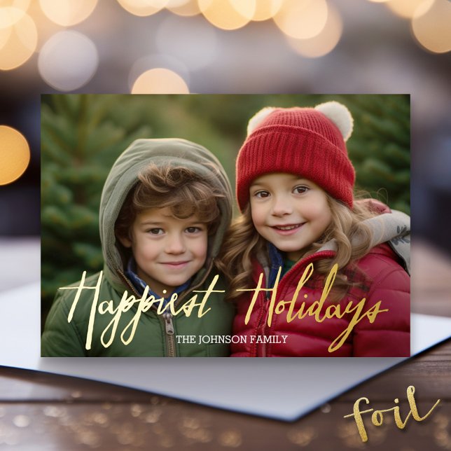 Happiest Holidays Full Photo Script - Plaid Accent Foil Holiday Card (Gold Foil Christmas Photo Card - Modern Holiday Greeting)