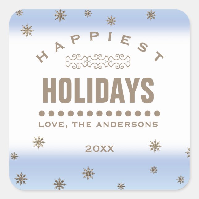 Happiest Holidays. Gold Snowflakes Christmas  Square Sticker (Front)