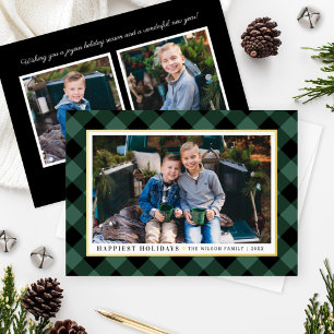 Happiest Holidays Green Buffalo Plaid Photo Gold Foil Holiday Card