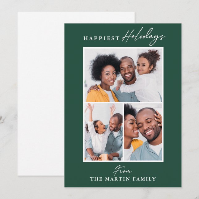Happiest Holidays Green Three Photo Collage Holiday Card (Front/Back)