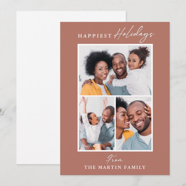 Happiest Holidays Light Orange Three Photo Collage Holiday Card (Front/Back)