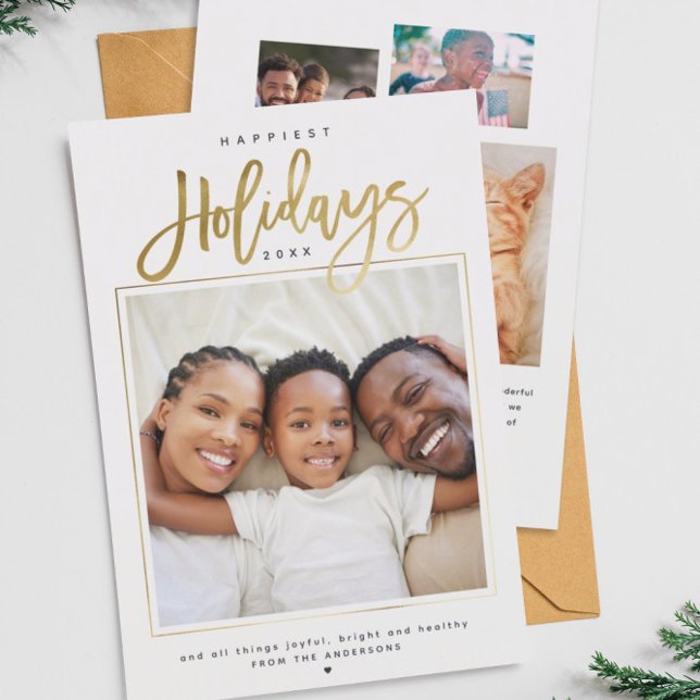 Happiest Holidays Minimalist Gold Photo Collage Holiday Card (Creator Uploaded)