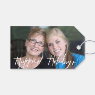 Happiest Holidays Modern Full Photo - White Type Gift Tags