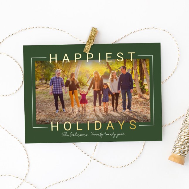 Happiest Holidays Modern Green Gold Frame Foil Holiday Card (Creator Uploaded)