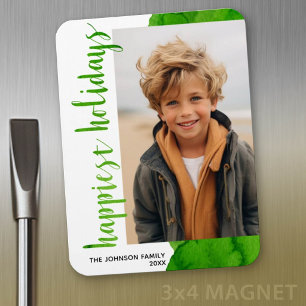 Happiest Holidays Modern Off Centre 1 Photo Green Magnet