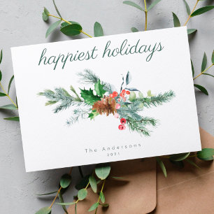Happiest Holidays   Modern Oval Botanical Holly  Holiday Card