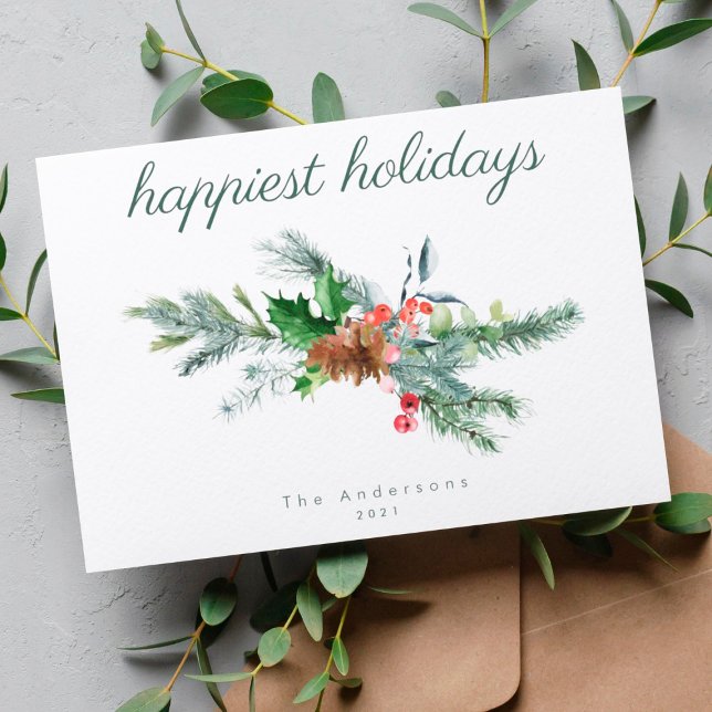 Happiest Holidays | Modern Oval Botanical Holly  Holiday Card (Creator Uploaded)